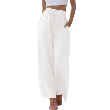 Women's Summer Linen Wide Leg Pants High Waist Elastic Drawstring Casual Loose Palazzo Trousers with Pockets