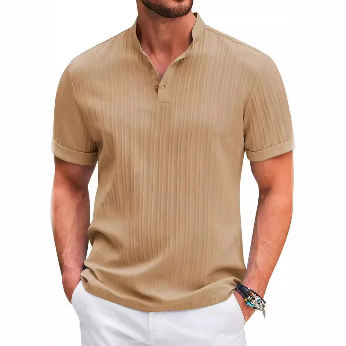 2026 Summer New Men's quick-drying Shirts Striped Jacquard Shirt Breathable Casual Comfortable Stylish Casual Short-Sleeved Top