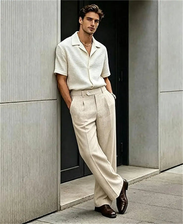 Mens Linen Casual Dress Pants Old Money Pleated Wide Leg Baggy Vintage Relaxed Fit Slacks Work Office Trousers