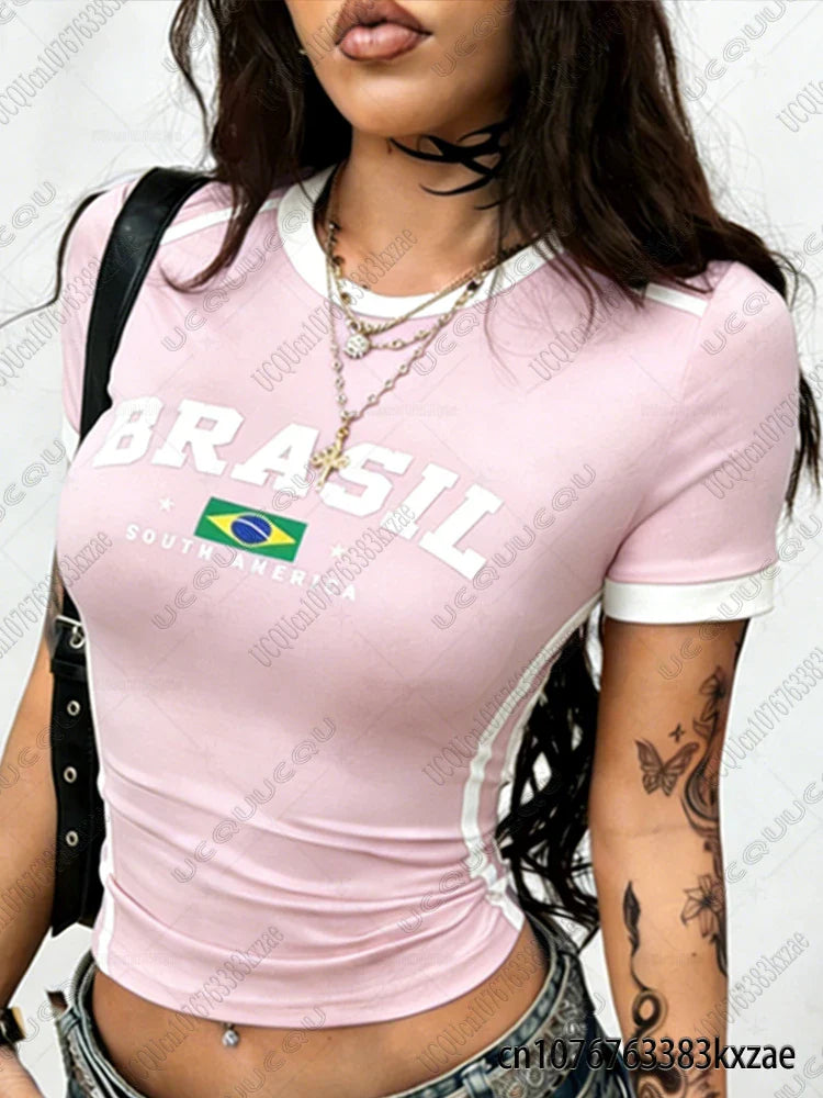 Art Aesthetic BRASIL Letter Print Crop Top For Womens Vintage Street Sexy Short Sleeve Tees Students Summer Crop Top Y2k Clothes