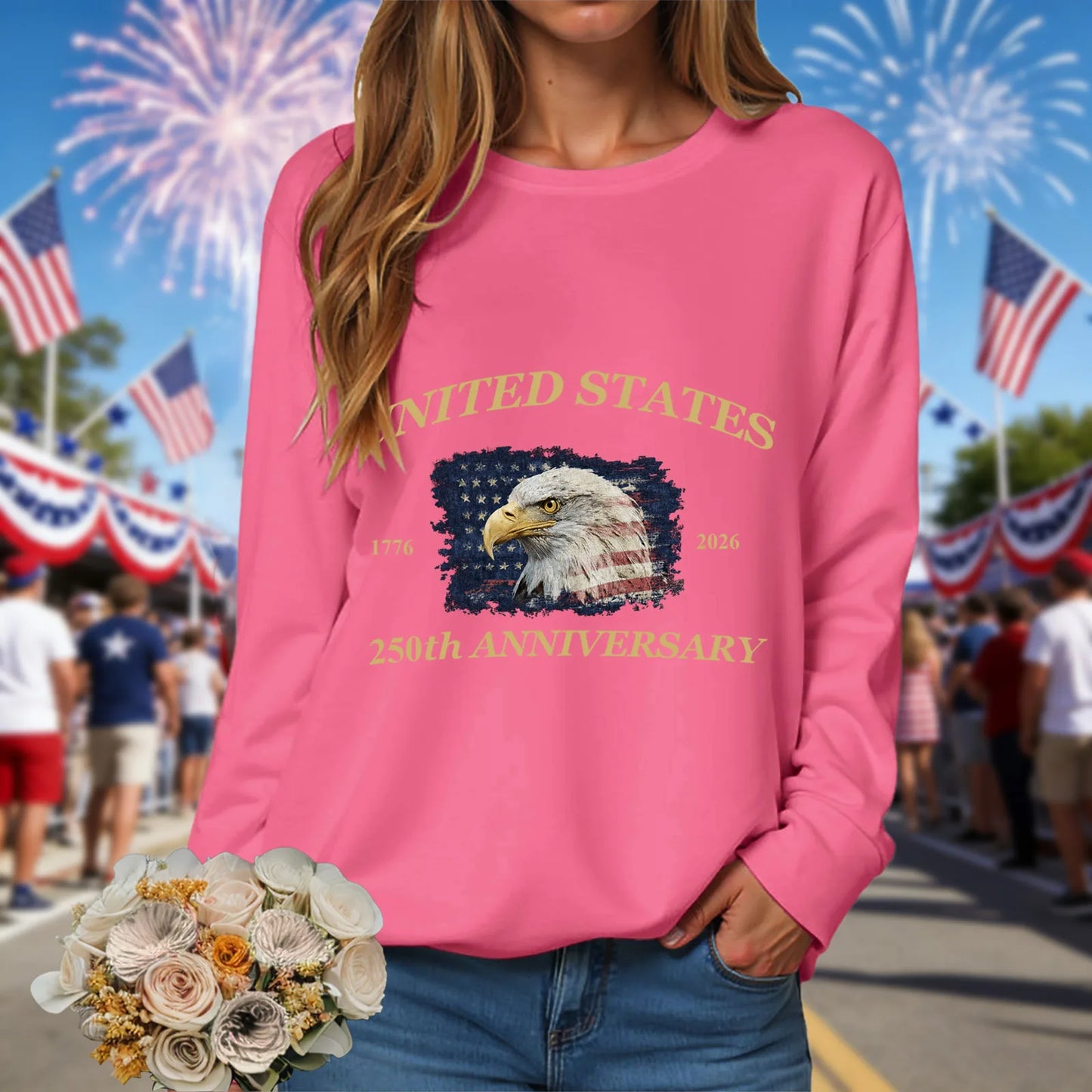 American 250th Anniversary 1776-2026 Eagle Print T-Shirt For Women July 4Th Patriotic 250th Birthday US Flag Long Sleeve Tshirts