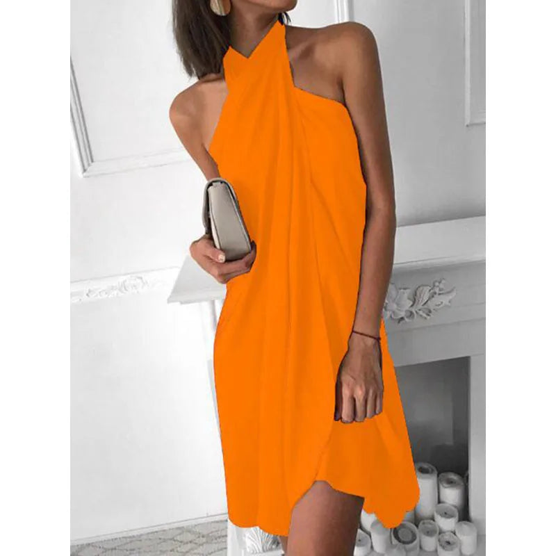 Summer New Sleeveless Lace-up Casual Dress Women Sexy Off the Shoulder Backless Holiday Beachwear Mini Dress