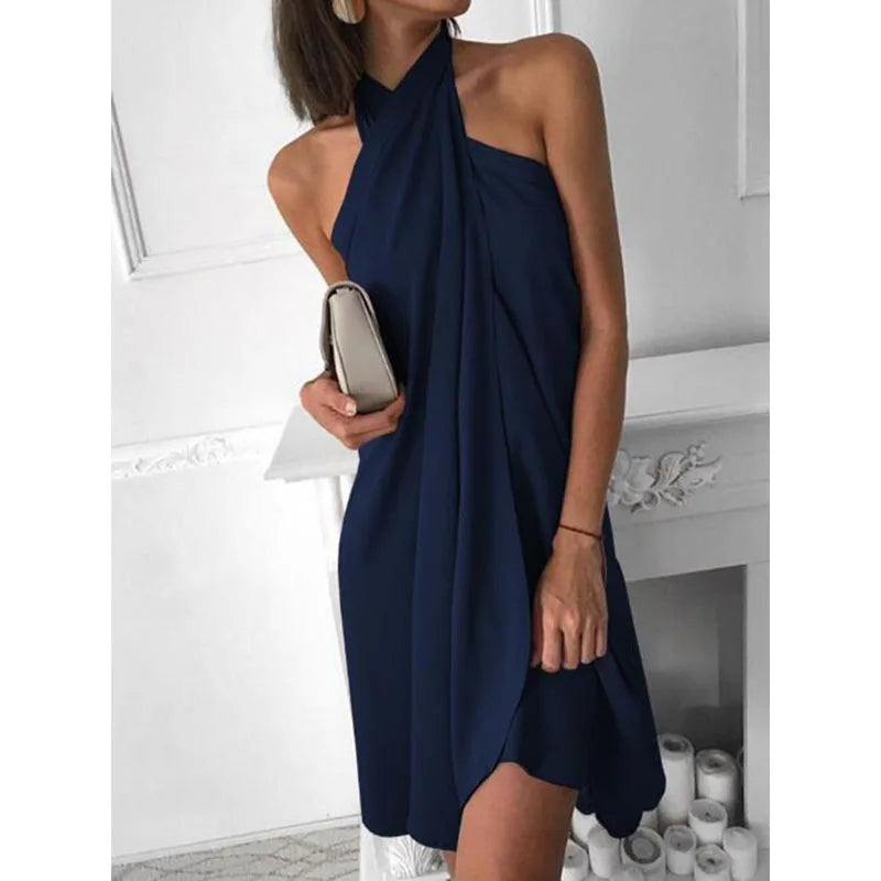 Summer New Sleeveless Lace-up Casual Dress Women Sexy Off the Shoulder Backless Holiday Beachwear Mini Dress