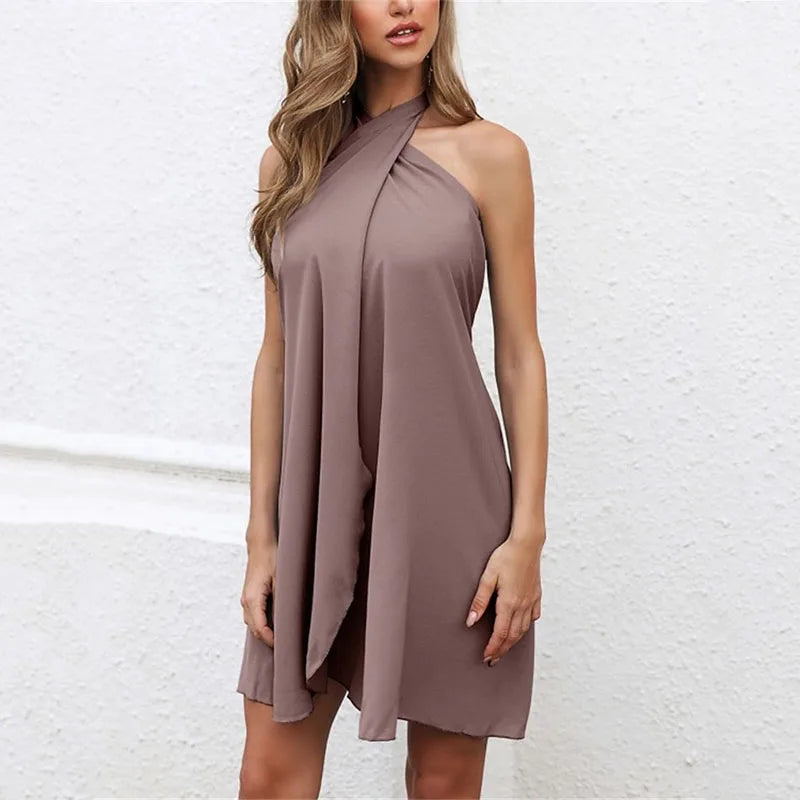 Summer New Sleeveless Lace-up Casual Dress Women Sexy Off the Shoulder Backless Holiday Beachwear Mini Dress