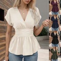 KIDCRKJ Summer Women Tops Deep V-neck Raglan Sleeve Slim Waisted Slim Ruffles Lady Shirt Elegant Office Ady Casual Blouse