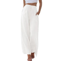 Women's Summer Linen Wide Leg Pants High Waist Elastic Drawstring Casual Loose Palazzo Trousers with Pockets