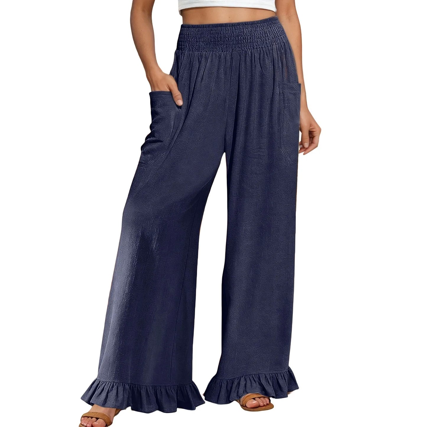 Woman new Wide Leg Linen Pants fashion ruffles High Waist beach party cotton pants Boho Summer Casual Loose Palazzo Pants mujer