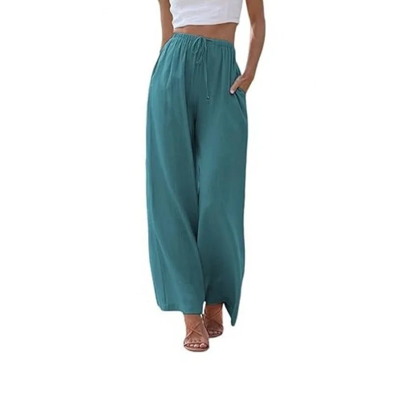 Women's Summer Linen Wide Leg Pants High Waist Elastic Drawstring Casual Loose Palazzo Trousers with Pockets