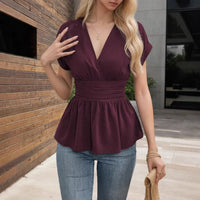 KIDCRKJ Summer Women Tops Deep V-neck Raglan Sleeve Slim Waisted Slim Ruffles Lady Shirt Elegant Office Ady Casual Blouse