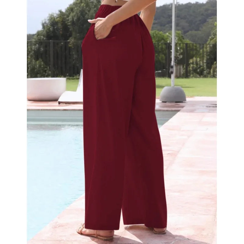 Women's Summer Linen Wide Leg Pants High Waist Elastic Drawstring Casual Loose Palazzo Trousers with Pockets