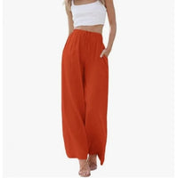 Women's Summer Linen Wide Leg Pants High Waist Elastic Drawstring Casual Loose Palazzo Trousers with Pockets