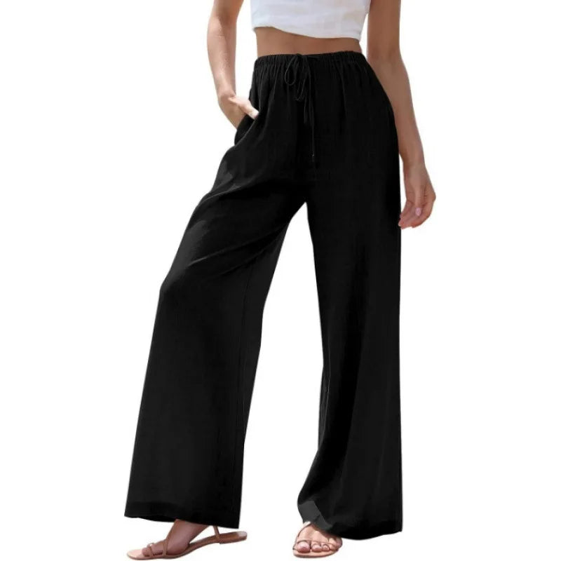 Women's Summer Linen Wide Leg Pants High Waist Elastic Drawstring Casual Loose Palazzo Trousers with Pockets