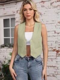 HH Elegant Womens Minimalist Solid Color Suit Vest Fitted Waist V Neck Office Workwear Business Waistcoat Casual Streetwear Tops