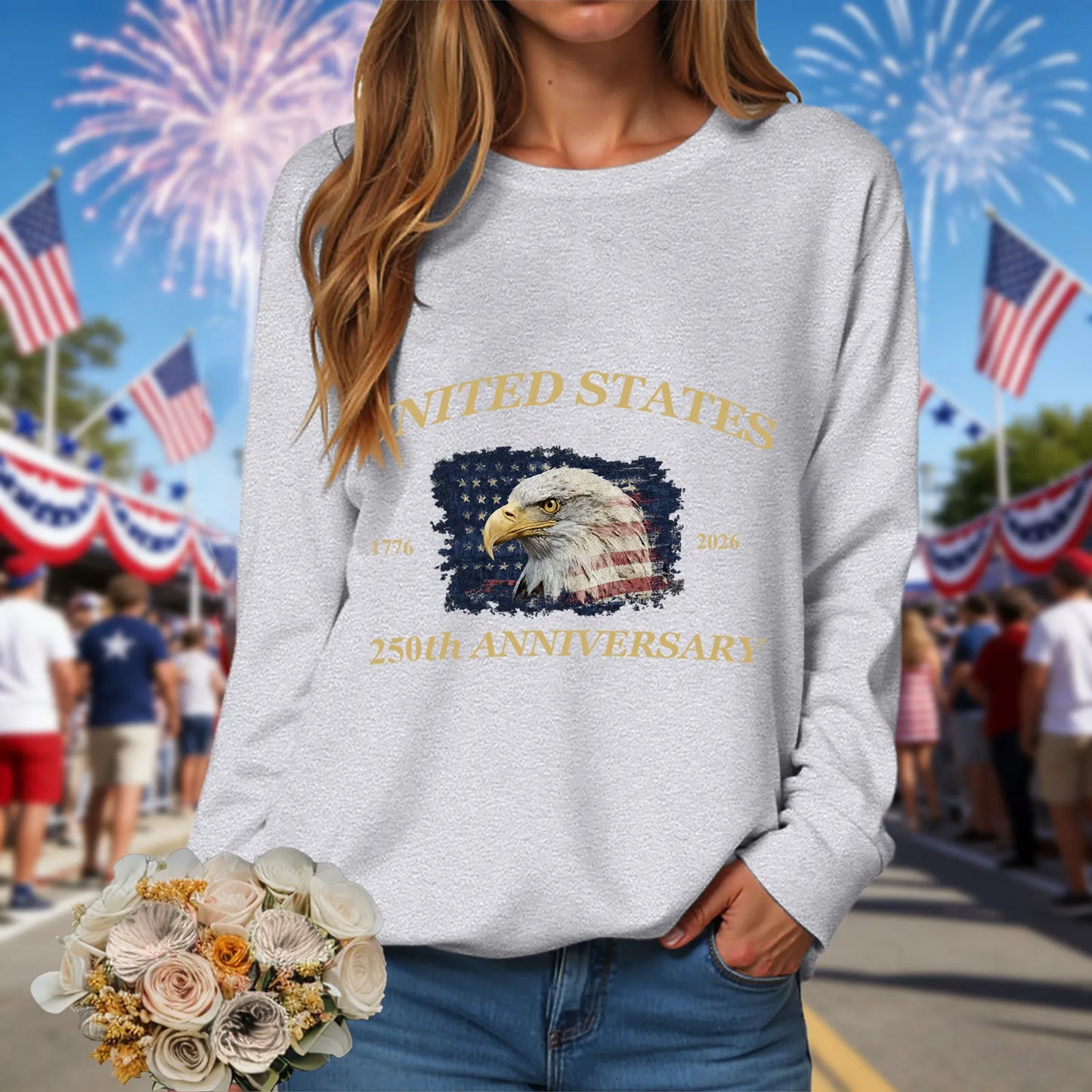American 250th Anniversary 1776-2026 Eagle Print T-Shirt For Women July 4Th Patriotic 250th Birthday US Flag Long Sleeve Tshirts