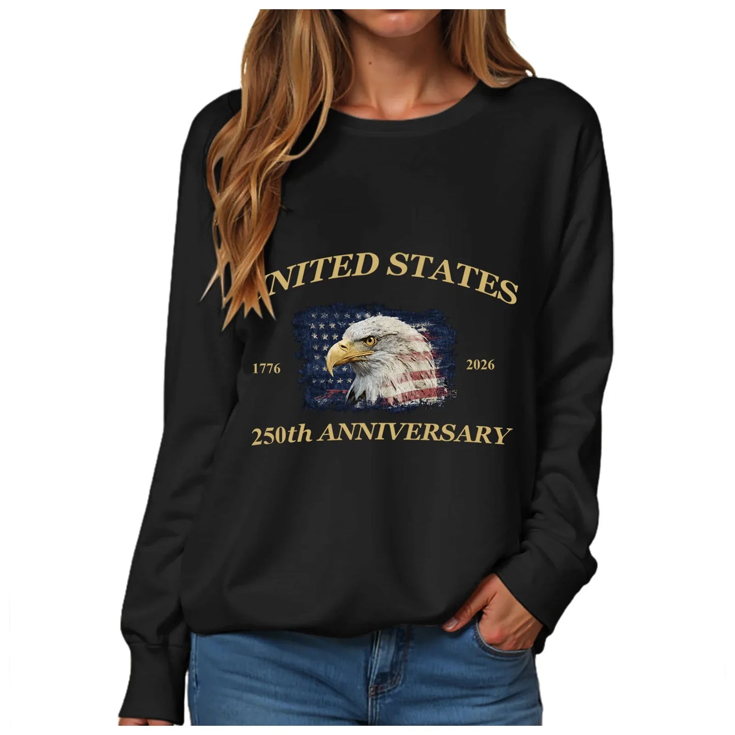American 250th Anniversary 1776-2026 Eagle Print T-Shirt For Women July 4Th Patriotic 250th Birthday US Flag Long Sleeve Tshirts