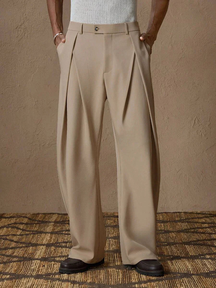 New Back Semi Elastic Waist Pleated Trousers Men Solid Color Italian Light Business Formal Pants