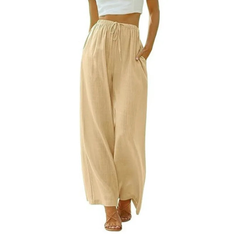 Women's Summer Linen Wide Leg Pants High Waist Elastic Drawstring Casual Loose Palazzo Trousers with Pockets