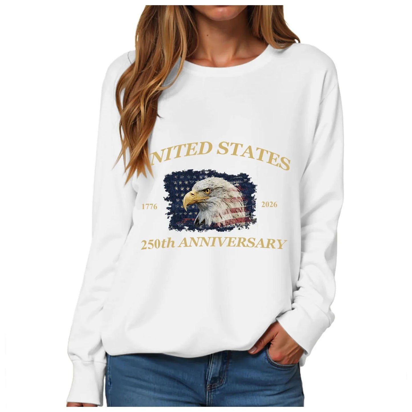 American 250th Anniversary 1776-2026 Eagle Print T-Shirt For Women July 4Th Patriotic 250th Birthday US Flag Long Sleeve Tshirts