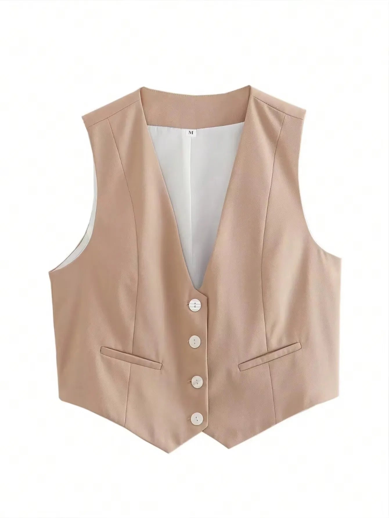 HH Elegant Womens Minimalist Solid Color Suit Vest Fitted Waist V Neck Office Workwear Business Waistcoat Casual Streetwear Tops