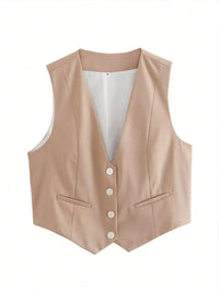 HH Elegant Womens Minimalist Solid Color Suit Vest Fitted Waist V Neck Office Workwear Business Waistcoat Casual Streetwear Tops