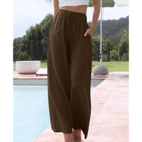Women's Summer Linen Wide Leg Pants High Waist Elastic Drawstring Casual Loose Palazzo Trousers with Pockets