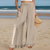 Woman new Wide Leg Linen Pants fashion ruffles High Waist beach party cotton pants Boho Summer Casual Loose Palazzo Pants mujer