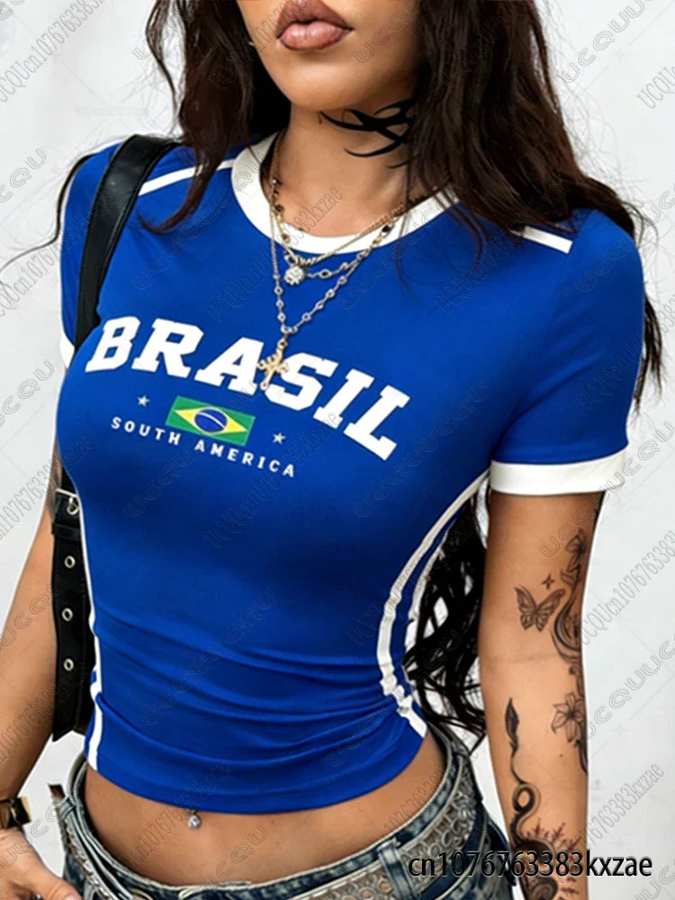 Art Aesthetic BRASIL Letter Print Crop Top For Womens Vintage Street Sexy Short Sleeve Tees Students Summer Crop Top Y2k Clothes