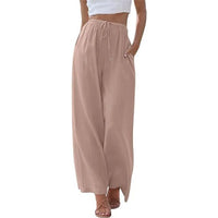 Women's Summer Linen Wide Leg Pants High Waist Elastic Drawstring Casual Loose Palazzo Trousers with Pockets