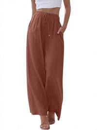 Women's Summer Linen Wide Leg Pants High Waist Elastic Drawstring Casual Loose Palazzo Trousers with Pockets