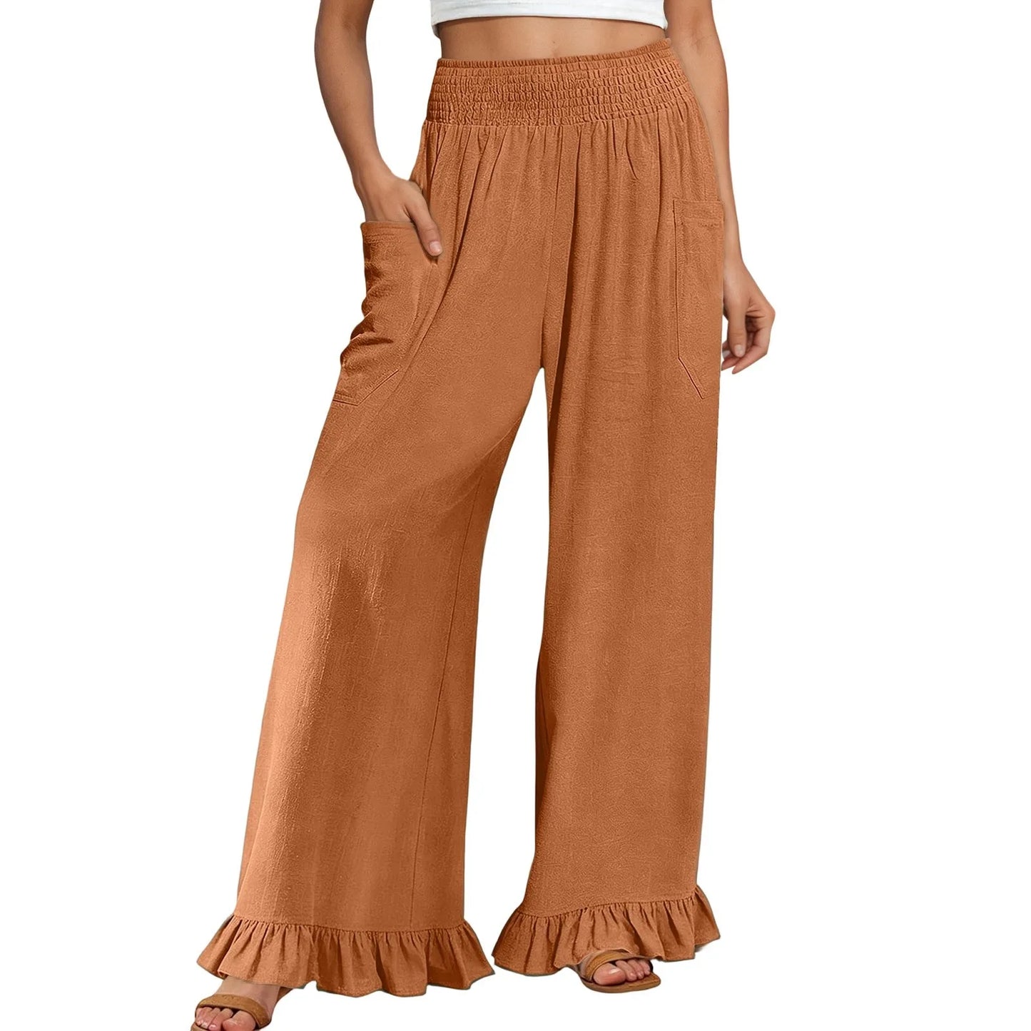 Woman new Wide Leg Linen Pants fashion ruffles High Waist beach party cotton pants Boho Summer Casual Loose Palazzo Pants mujer