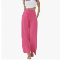 Women's Summer Linen Wide Leg Pants High Waist Elastic Drawstring Casual Loose Palazzo Trousers with Pockets