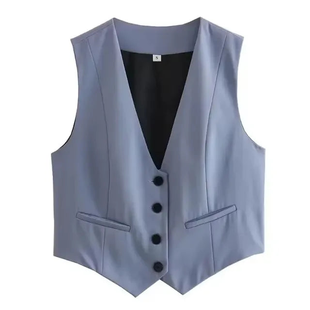HH Elegant Womens Minimalist Solid Color Suit Vest Fitted Waist V Neck Office Workwear Business Waistcoat Casual Streetwear Tops