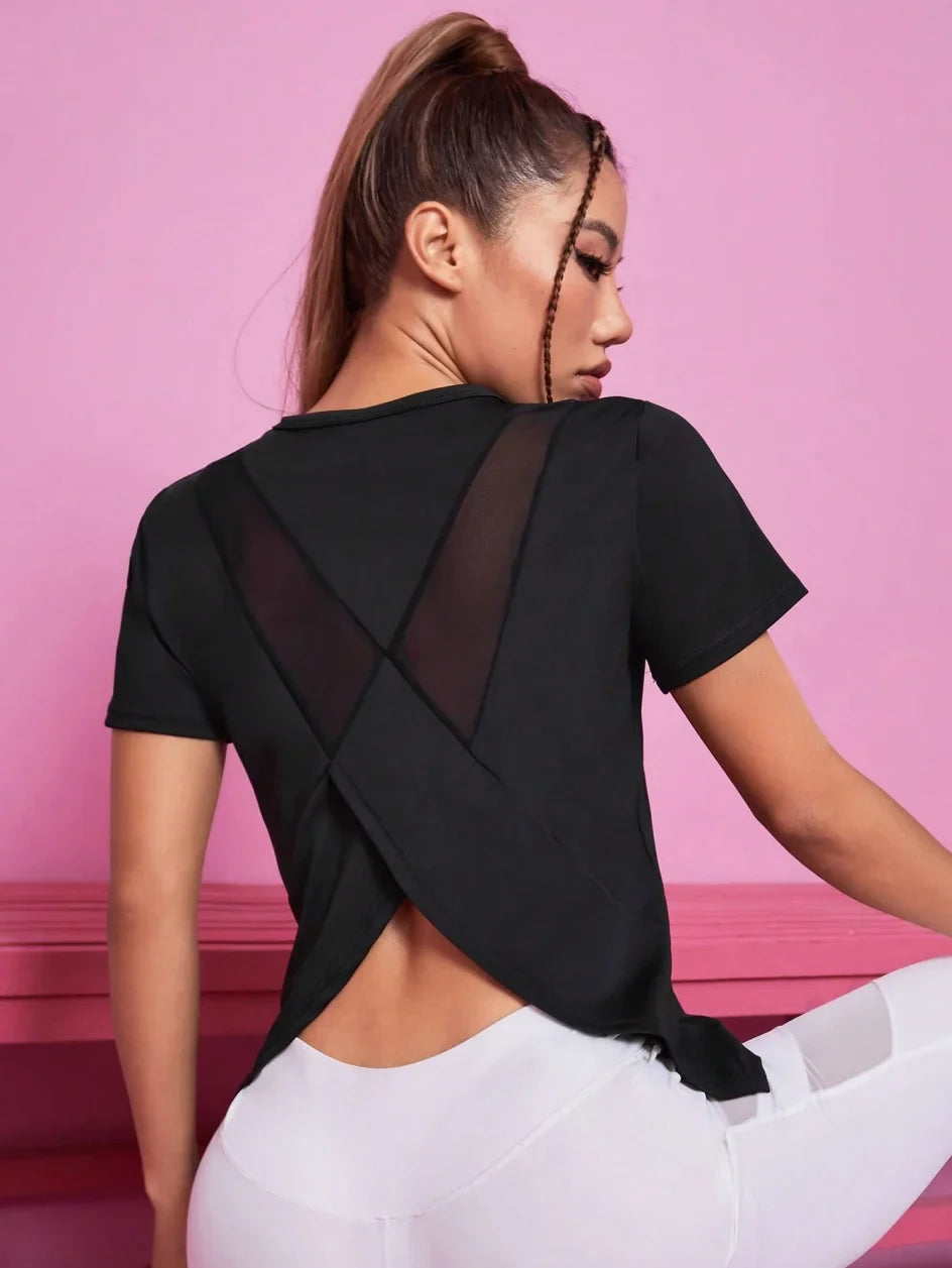 Yoga outfit women's summer sports T-shirt loose breathable quick drying top mesh back training fitness short sleeved