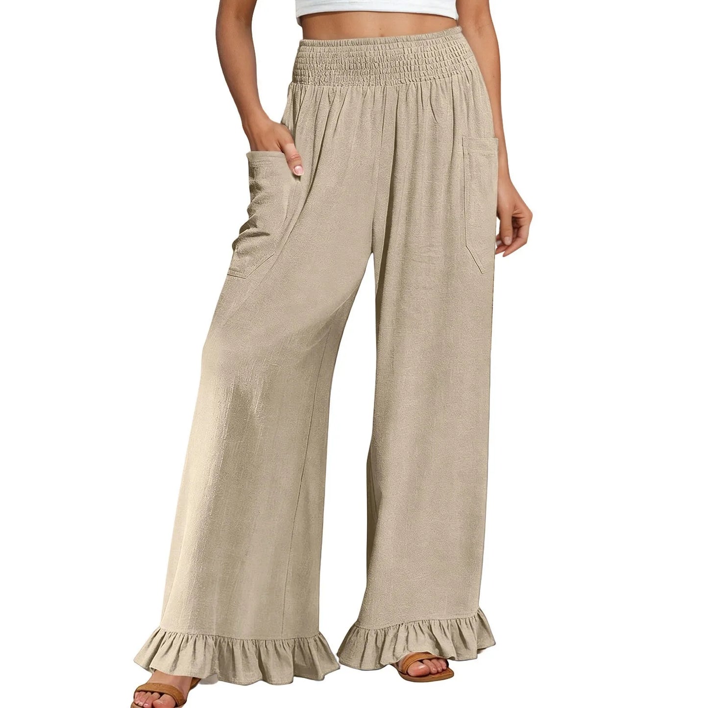 Woman new Wide Leg Linen Pants fashion ruffles High Waist beach party cotton pants Boho Summer Casual Loose Palazzo Pants mujer
