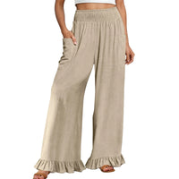 Woman new Wide Leg Linen Pants fashion ruffles High Waist beach party cotton pants Boho Summer Casual Loose Palazzo Pants mujer
