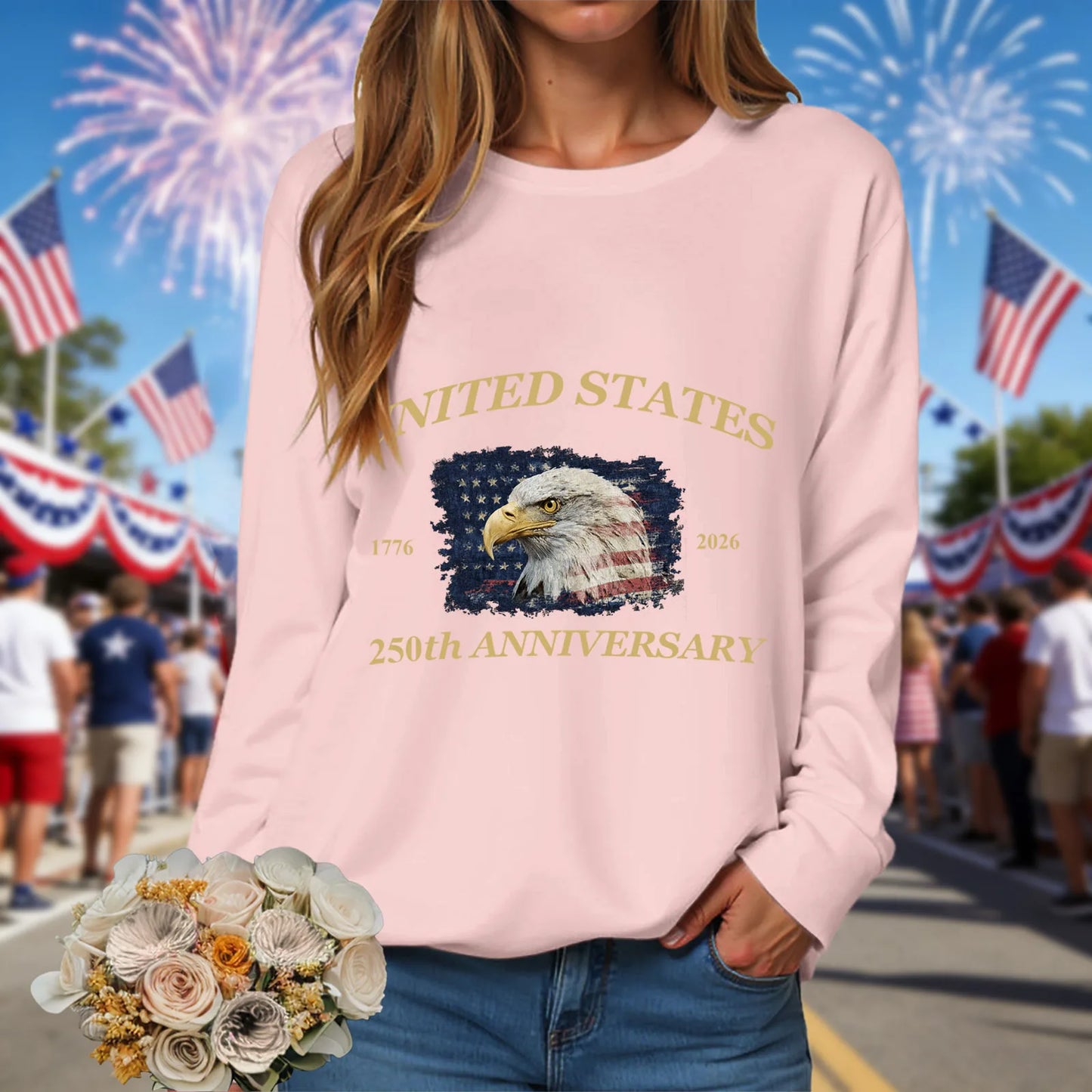 American 250th Anniversary 1776-2026 Eagle Print T-Shirt For Women July 4Th Patriotic 250th Birthday US Flag Long Sleeve Tshirts