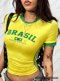 Art Aesthetic BRASIL Letter Print Crop Top For Womens Vintage Street Sexy Short Sleeve Tees Students Summer Crop Top Y2k Clothes