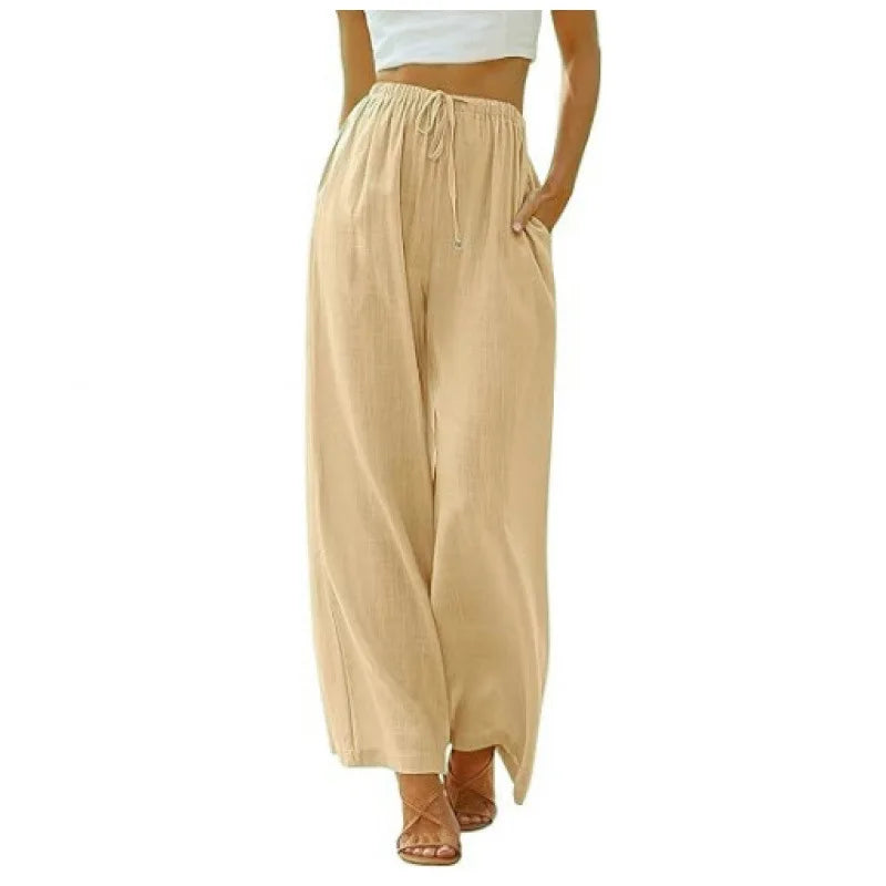 Women's Summer Linen Wide Leg Pants High Waist Elastic Drawstring Casual Loose Palazzo Trousers with Pockets