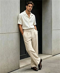 Mens Linen Casual Dress Pants Old Money Pleated Wide Leg Baggy Vintage Relaxed Fit Slacks Work Office Trousers