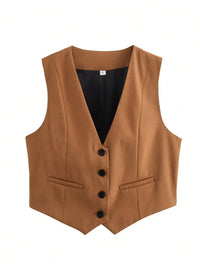 HH Elegant Womens Minimalist Solid Color Suit Vest Fitted Waist V Neck Office Workwear Business Waistcoat Casual Streetwear Tops