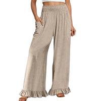 Woman new Wide Leg Linen Pants fashion ruffles High Waist beach party cotton pants Boho Summer Casual Loose Palazzo Pants mujer
