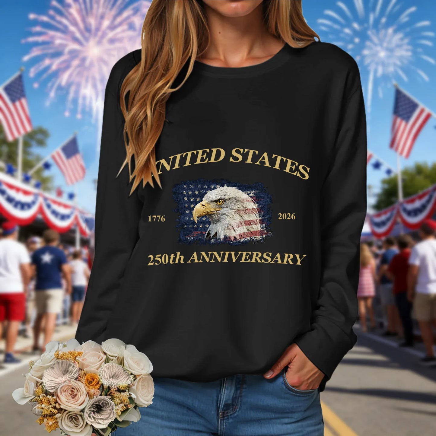 American 250th Anniversary 1776-2026 Eagle Print T-Shirt For Women July 4Th Patriotic 250th Birthday US Flag Long Sleeve Tshirts
