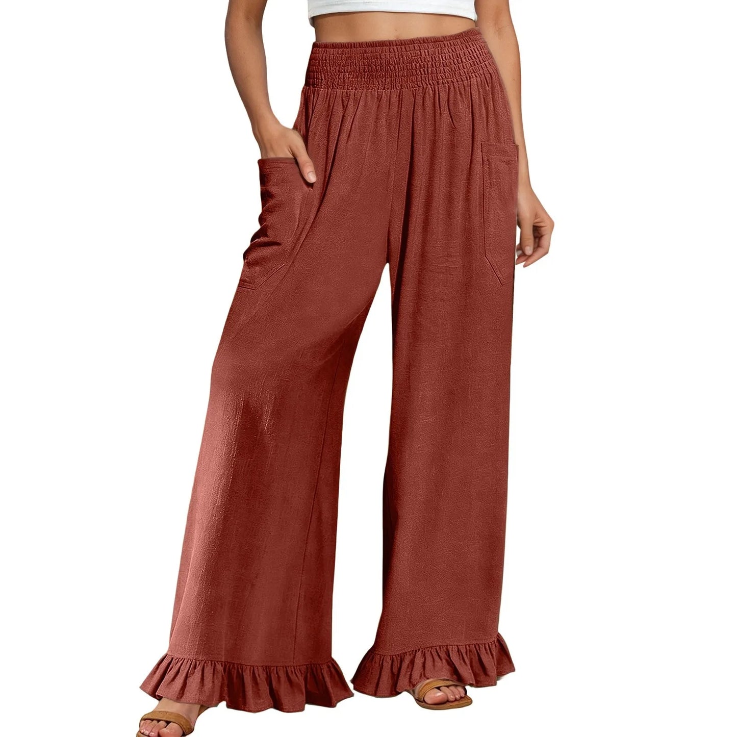 Woman new Wide Leg Linen Pants fashion ruffles High Waist beach party cotton pants Boho Summer Casual Loose Palazzo Pants mujer