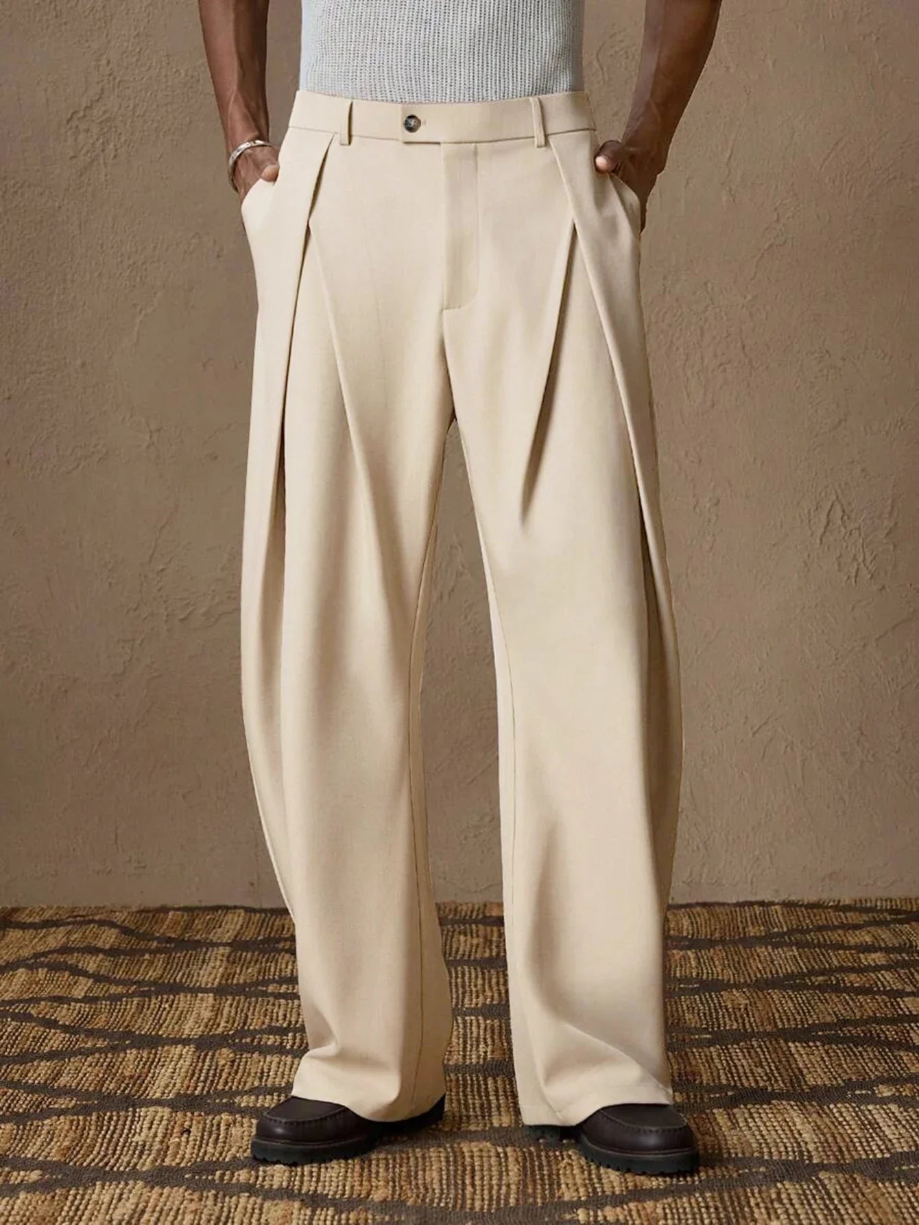 New Back Semi Elastic Waist Pleated Trousers Men Solid Color Italian Light Business Formal Pants