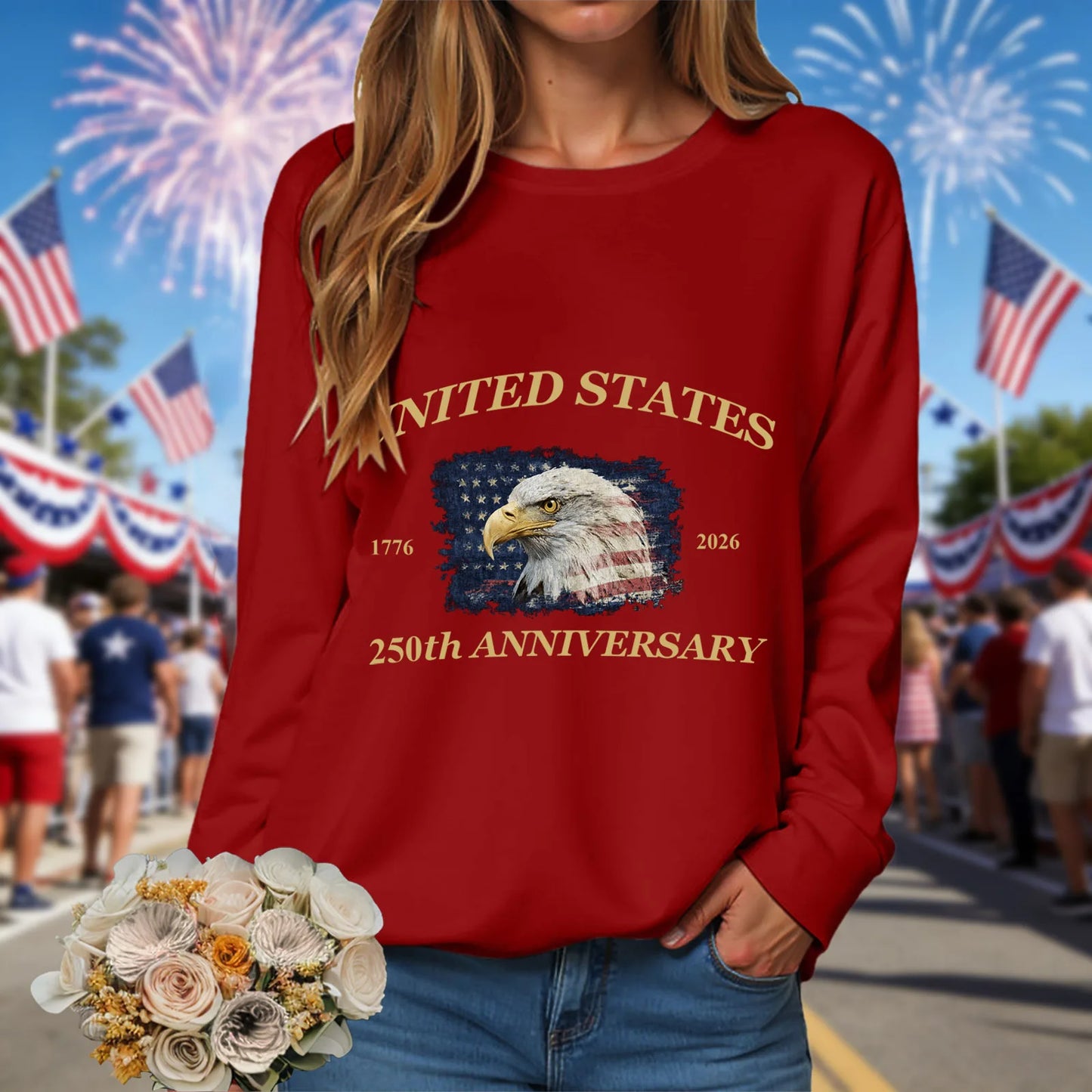 American 250th Anniversary 1776-2026 Eagle Print T-Shirt For Women July 4Th Patriotic 250th Birthday US Flag Long Sleeve Tshirts