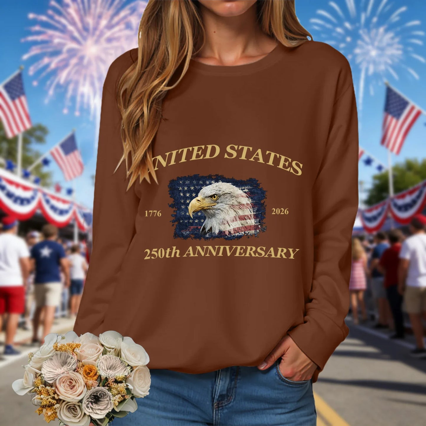 American 250th Anniversary 1776-2026 Eagle Print T-Shirt For Women July 4Th Patriotic 250th Birthday US Flag Long Sleeve Tshirts
