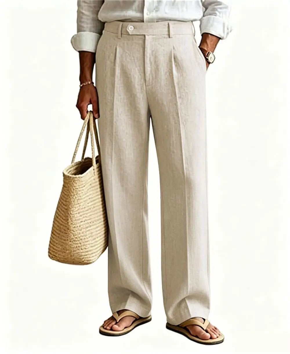 Mens Linen Casual Dress Pants Old Money Pleated Wide Leg Baggy Vintage Relaxed Fit Slacks Work Office Trousers